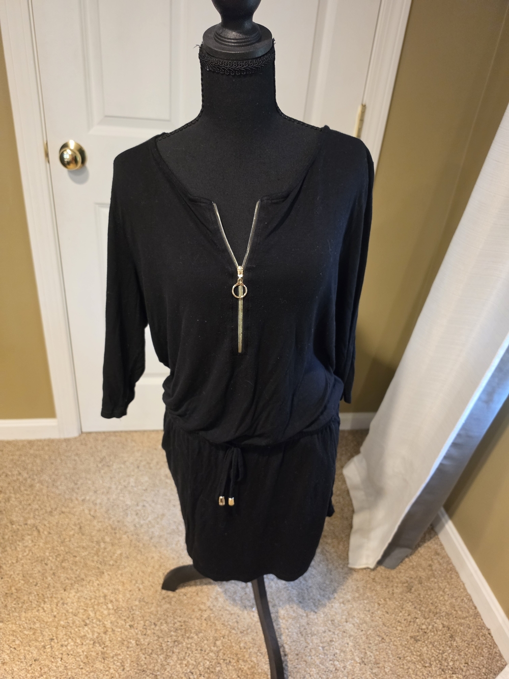Women’s Black Zip-Front Drawstring Dress - Picture 2 of 4